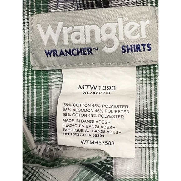 Wrangler Wrancher Pearl Snap Shirt XL Green Black White Plaid Cotton Blend - Picture 5 of 5